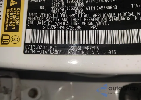 2019 Toyota Highlander Xle from USA, damaged, VIN 5TDJZRFH2KS726986